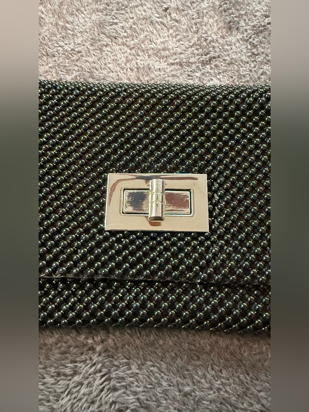 Jessica McClintock Black Beaded Evening Clutch with Silver Hardware